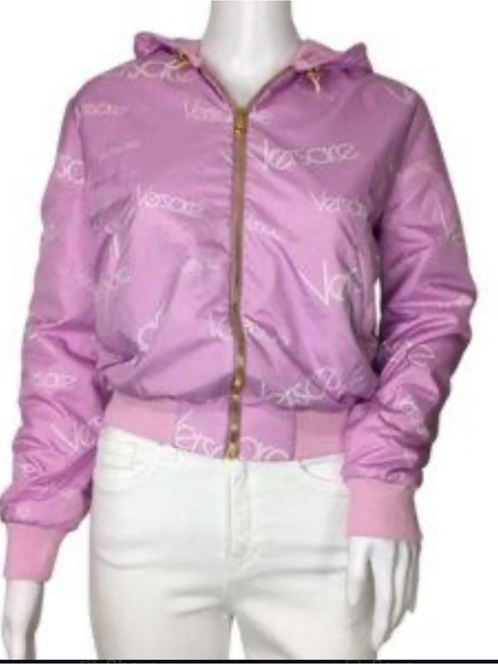 Versace Pink Logo Hooded Bomber Jacket
